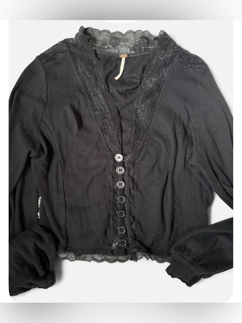 Free People Black Lace-Trim Button-Up Top